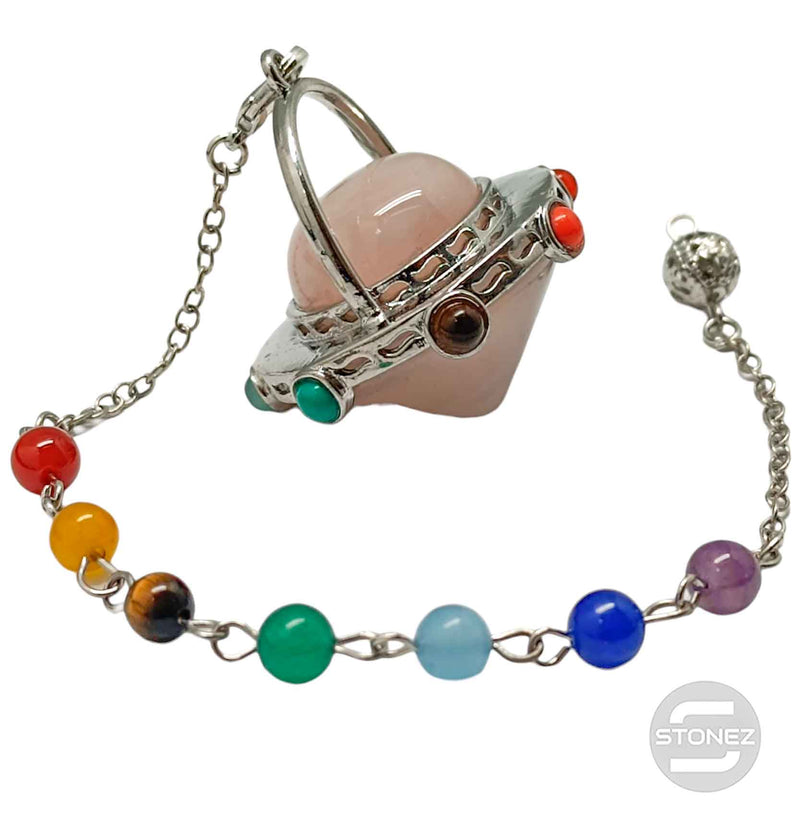 Cargue la imagen en el visor de la galería, 600102214-02 Péndulo En Forma De Ovni Mineral Cuarzo Rosa Y Piedras 7 Chakras 4 Cms Aprox
