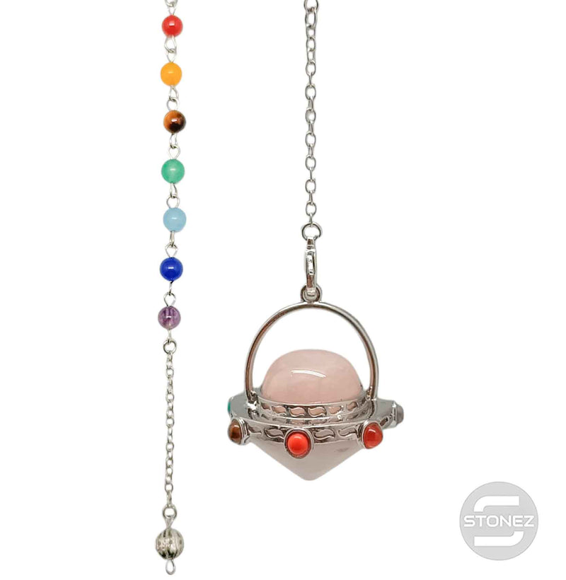 Cargue la imagen en el visor de la galería, 600102214-02 Péndulo En Forma De Ovni Mineral Cuarzo Rosa Y Piedras 7 Chakras 4 Cms Aprox
