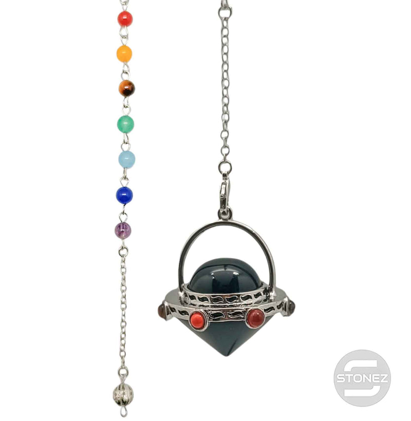 Load image into Gallery viewer, 600102214-04 Péndulo En Forma De Ovni Mineral Onix Y Piedras 7 Chakras 4 Cms Aprox
