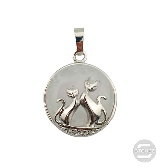 600102240 Colgante Pareja De Gatos En Metal Con Piedra Cuarzo Blanco 2,5 Cms Aprox