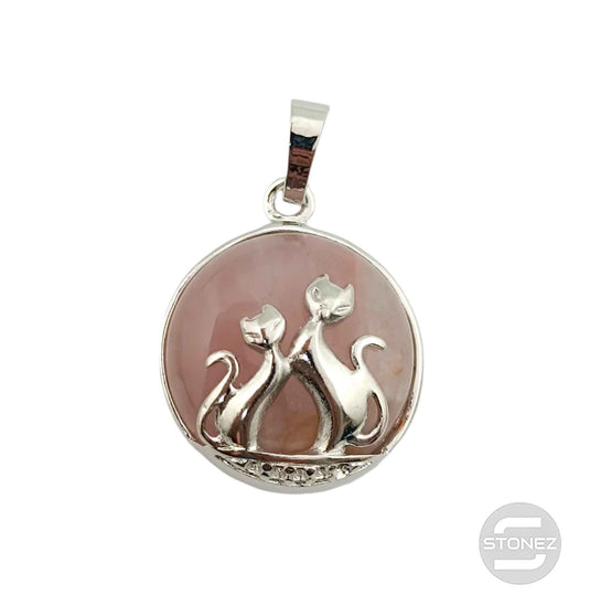 600102240 Colgante Pareja De Gatos En Metal Con Piedra Cuarzo Rosa 2,5 Cms Aprox