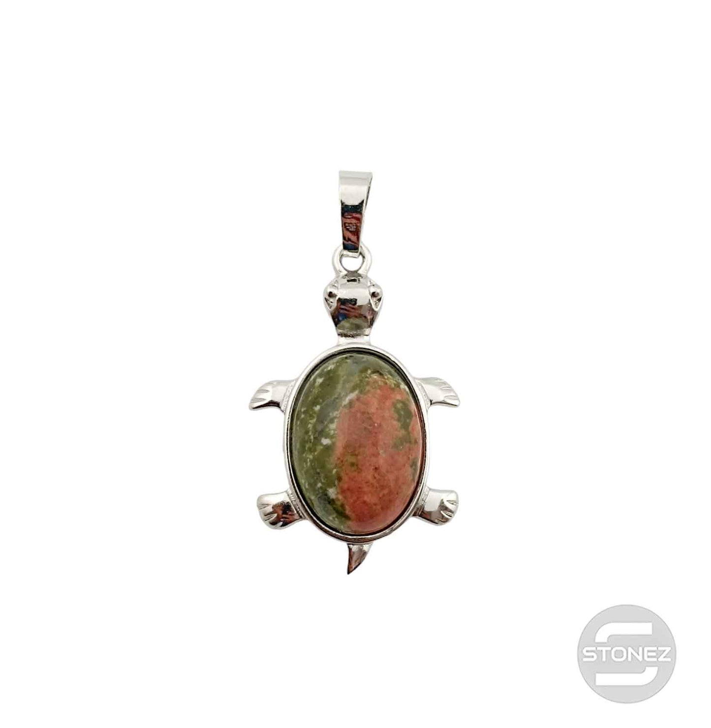 600102250 Colgante Tortuga En Metal Con Piedra Unakita 3,5 Cms Aprox