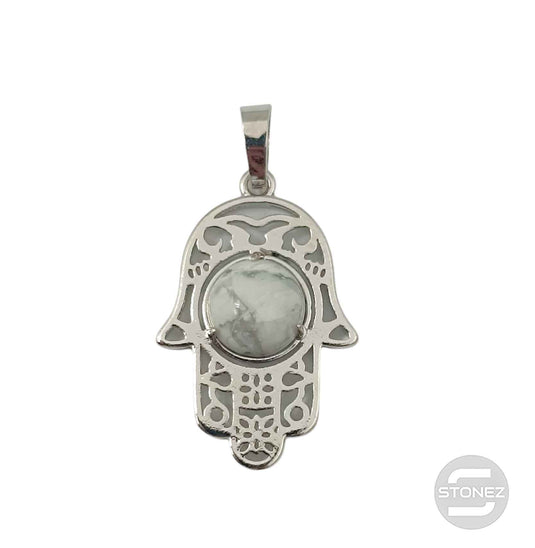 600102258 Colgante Mano De Fátima En Metal Con Piedra Howlite 3,5 Cms Aprox