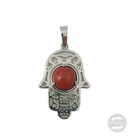 600102258 Colgante Mano De Fátima En Metal Con Piedra Jaspe Rojo 3,5 Cms Aprox