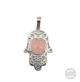 600102258 Colgante Mano De Fátima En Metal Con Piedra Cuarzo Rosa 3,5 Cms Aprox