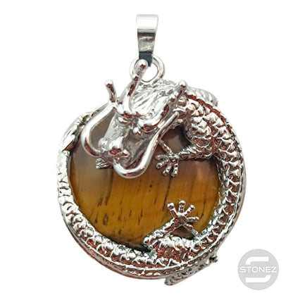 600102264 Colgante Dragón En Metal Con Piedra Ojo De Tigre 3,5 Cms Aprox - stonez