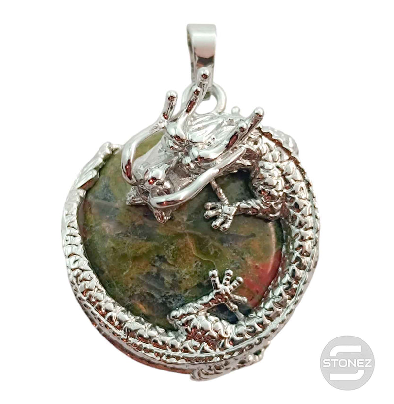 Cargue la imagen en el visor de la galería, 600102264 Colgante Dragón En Metal Con Piedra Unakita 3,5 Cms Aprox
