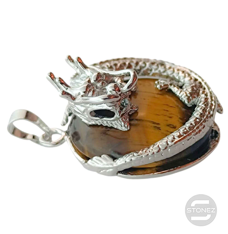 Cargue la imagen en el visor de la galería, 600102264 Colgante Dragón En Metal Con Piedra Ojo De Tigre 3,5 Cms Aprox
