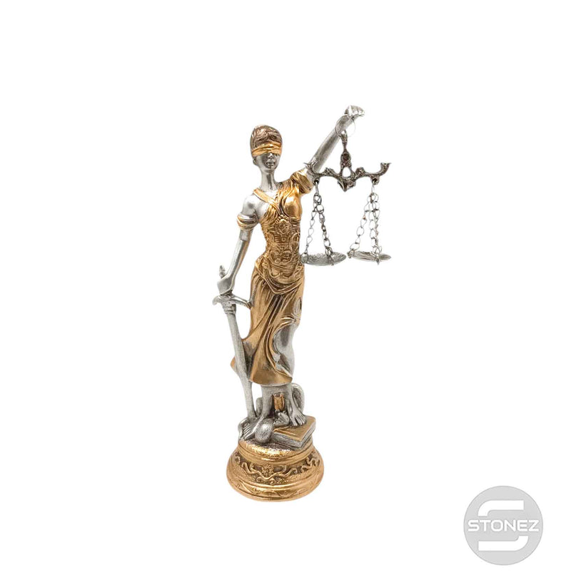 Cargue la imagen en el visor de la galería, 600102765-02 Figura En Resina Diosa De La Justicia 18.5 Cms Aprox Dorado/Plata
