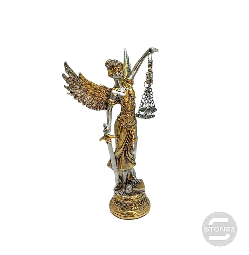 Cargue la imagen en el visor de la galería, 600102766-02 Figura En Resina Diosa De La Justicia Con Alas 18.5 Cms Aprox Plata/Oro
