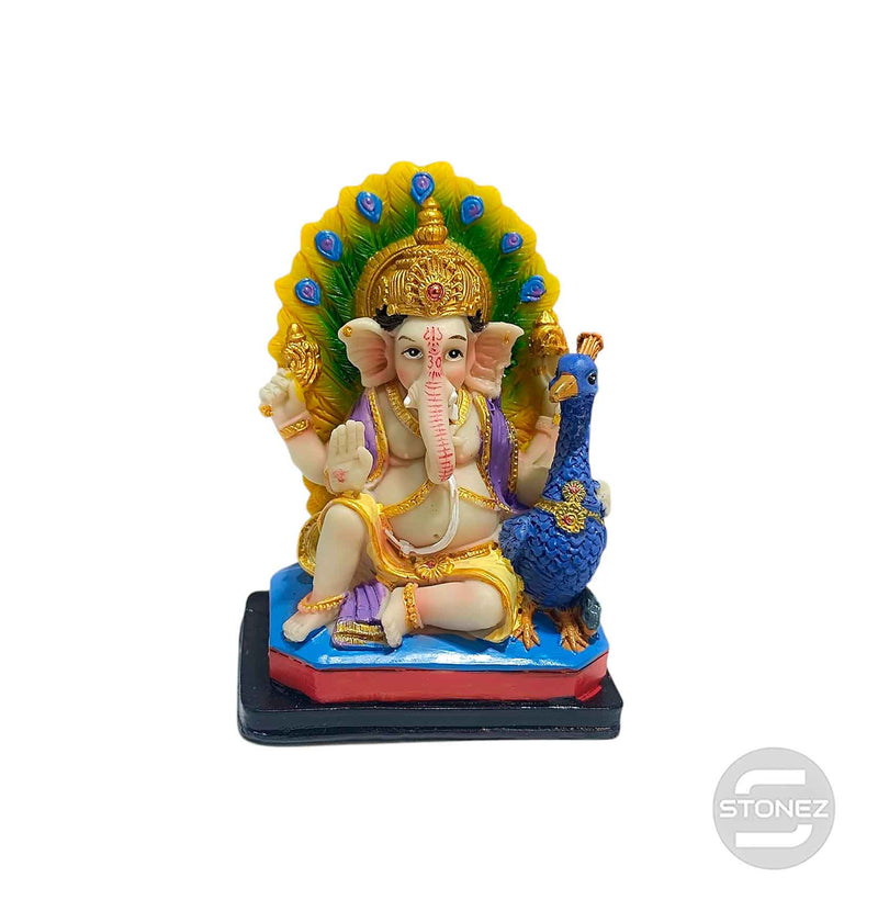 Cargue la imagen en el visor de la galería, 600102790 Figura Ganesha Con Pavo Real En Resina 13 Cms Aprox
