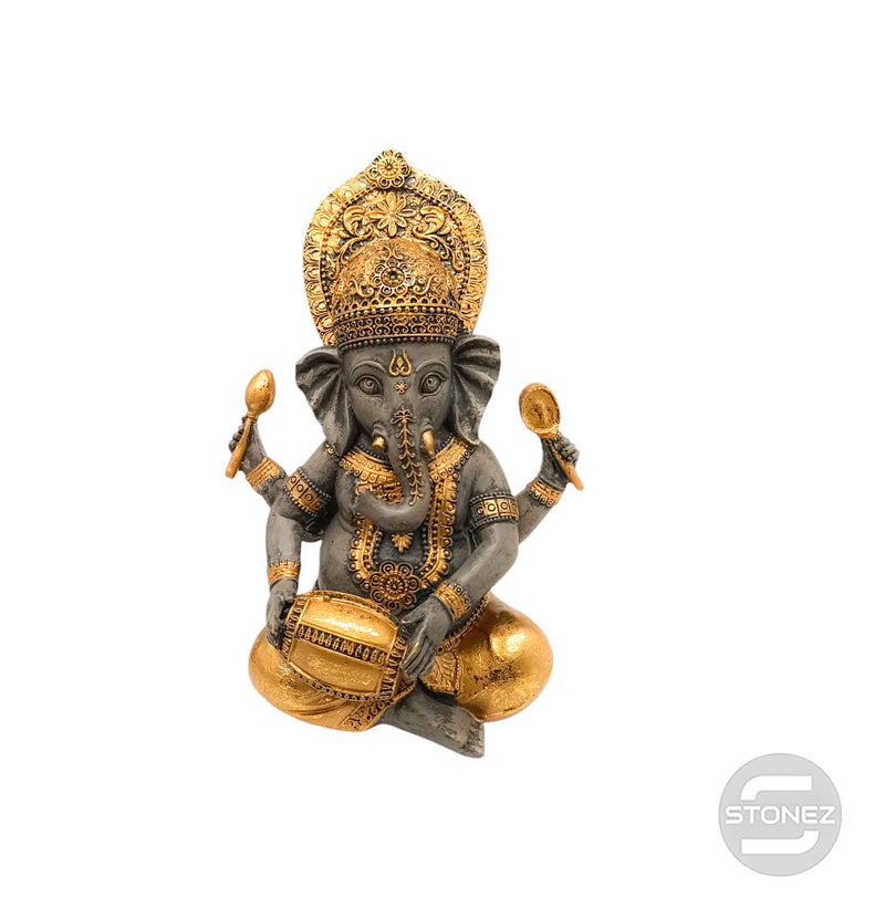 Cargue la imagen en el visor de la galería, 600102804 Figura Ganesha Con Tambor En Resina 23 Cms Aprox Color Gris/Oro
