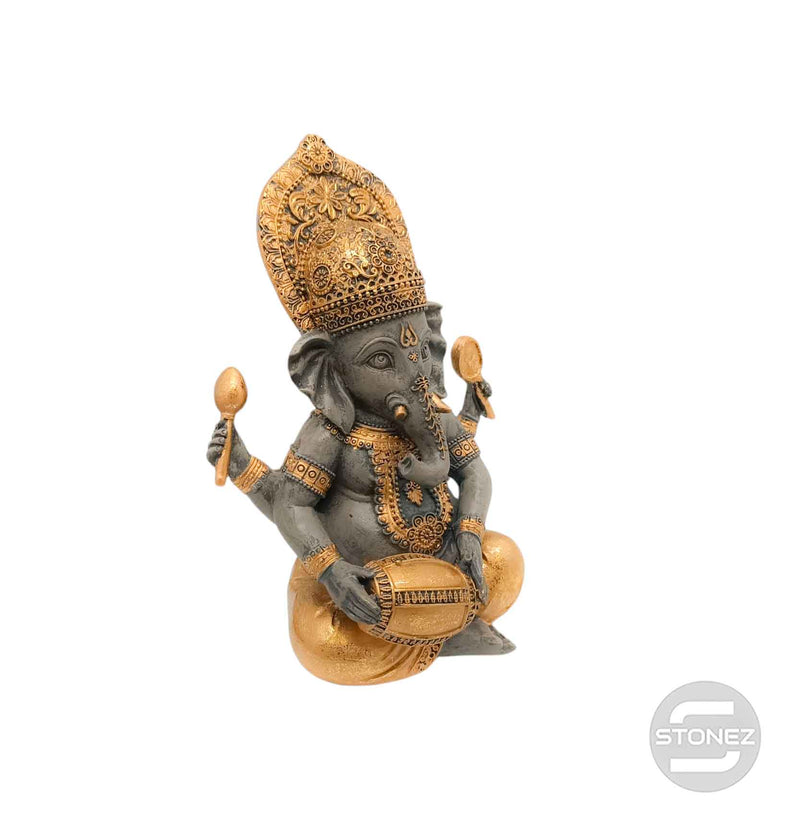 Cargue la imagen en el visor de la galería, 600102804 Figura Ganesha Con Tambor En Resina 23 Cms Aprox Color Gris/Oro
