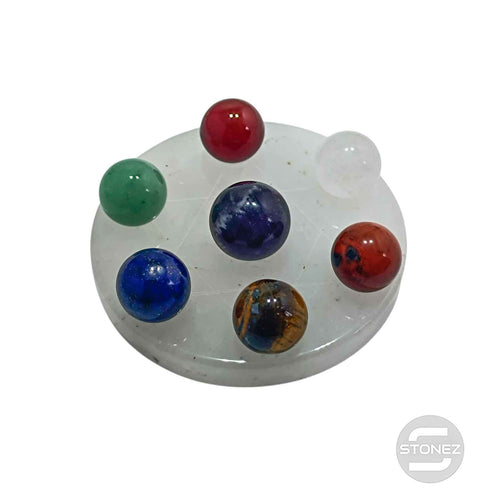 600102813 Juego 7 Chakras Disco Cuarzo Blanco Grabado Metatron 6,5 Cms Aprox