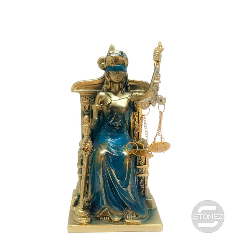 Cargue la imagen en el visor de la galería, 600102860 Figura En Resina Diosa De La Justicia Sentada  19 Cms Aprox  Bronce/Azul
