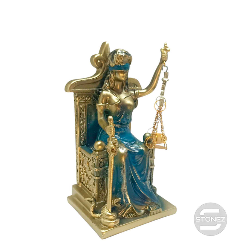 Cargue la imagen en el visor de la galería, 600102860 Figura En Resina Diosa De La Justicia Sentada  19 Cms Aprox  Bronce/Azul
