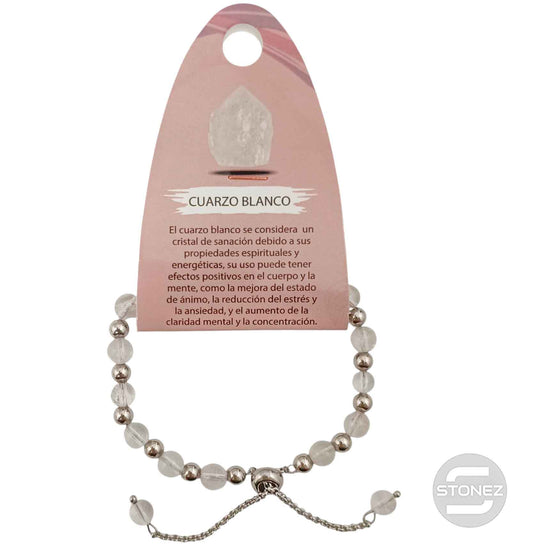 600103326 Pulsera Ajustable Piedra Natural 6 mm Cuarzo Blanco Y Bolas De Acero 4 mm