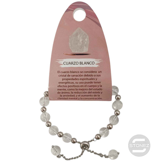 600103327 Pulsera Ajustable Piedra Natural 8 mm Cuarzo Blanco Y Bolas De Acero 4 mm