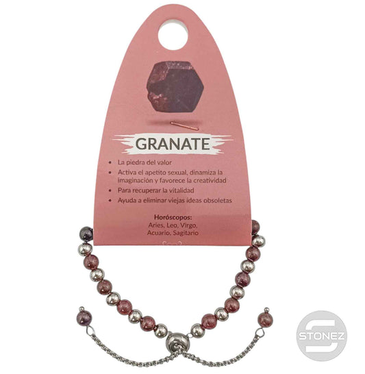 600103328 Pulsera Ajustable Piedra Natural 6 mm Granate Y Bolas De Acero 4 mm