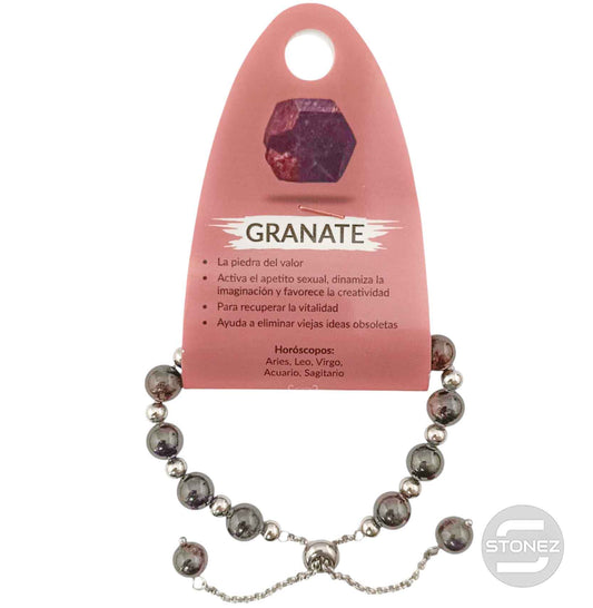 600103329 Pulsera Ajustable Piedra Natural 8 mm Granate Y Bolas De Acero 4 mm