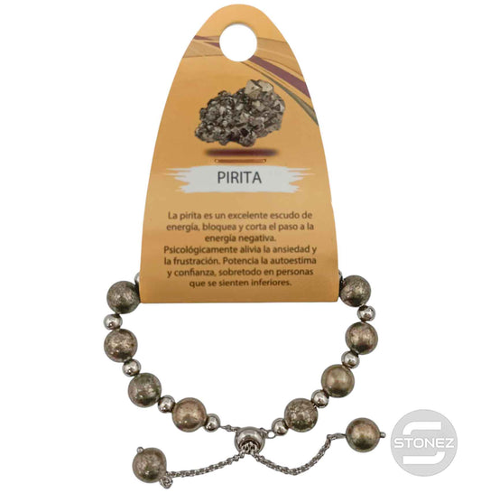 600103331 Pulsera Ajustable Piedra Natural 8 mm Pirita Y Bolas De Acero 4 mm