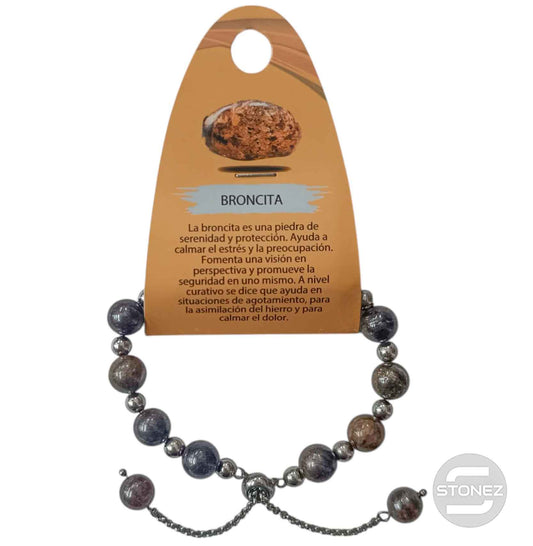 600103333 Pulsera Ajustable Piedra Natural 8 mm Broncita Y Bolas De Acero 4 mm