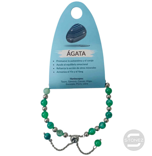 600103334 Pulsera Ajustable Piedra Natural 6 mm Agata Verde Y Bolas De Acero 4 mm