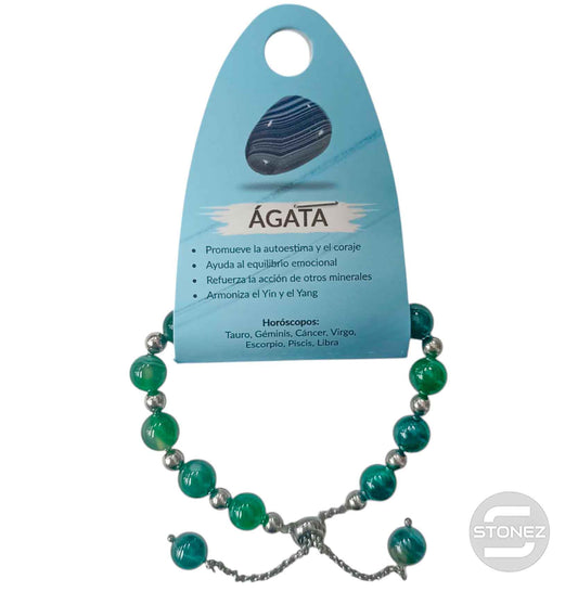 600103335 Pulsera Ajustable Piedra Natural 8 mm Agata Verde Y Bolas De Acero 4 mm
