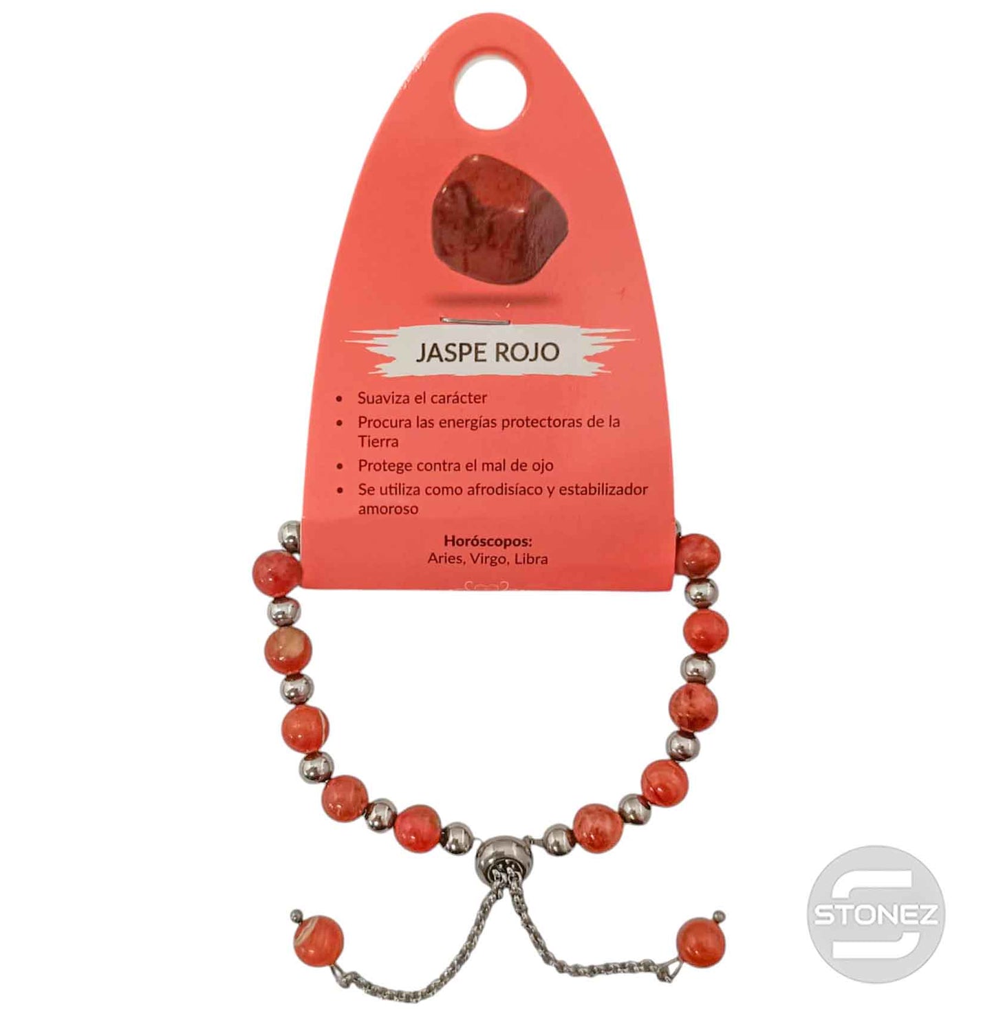 600103340 Pulsera Ajustable Piedra Natural Jaspe Rojo 6 Y Bolas De Acero 4mm