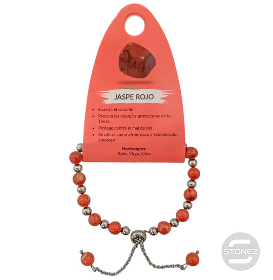 600103340 Pulsera Ajustable Piedra Natural Jaspe Rojo 6 Y Bolas De Acero 4mm