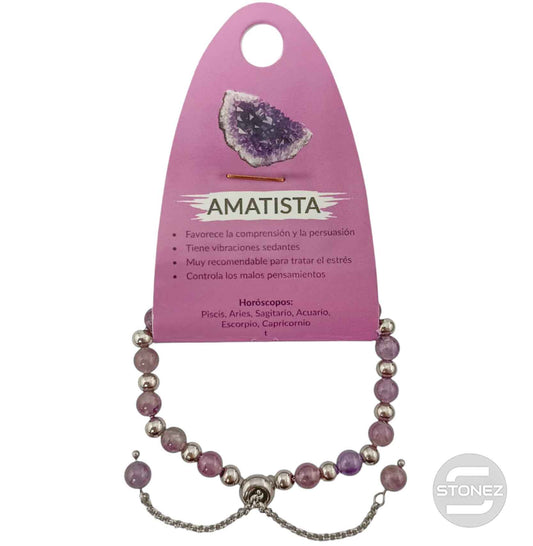 600103344 Pulsera Ajustable Piedra Natural 6 mm Amatista Y Bolas De Acero 4 mm