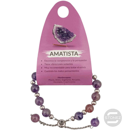 600103345 Pulsera Ajustable Piedra Natural 8 mm Amatista Y Bolas De Acero 4 mm