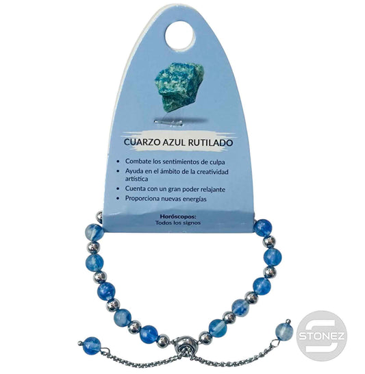600103348 Pulsera Ajustable Piedra Natural 6 mm Cuarzo Azul Rutilado Y Bolas De Acero 4 mm