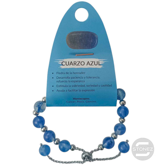 600103349 Pulsera Ajustable Piedra Natural 8 mm Cuarzo Azul Rutilado Y Bolas De Acero 4 mm