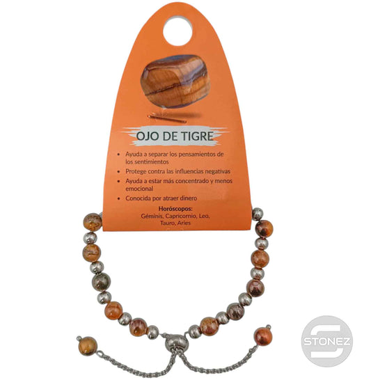 600103360 Pulsera Ajustable Piedra Natural 6 mm Ojo De Tigre Y Bolas De Acero 4 mm