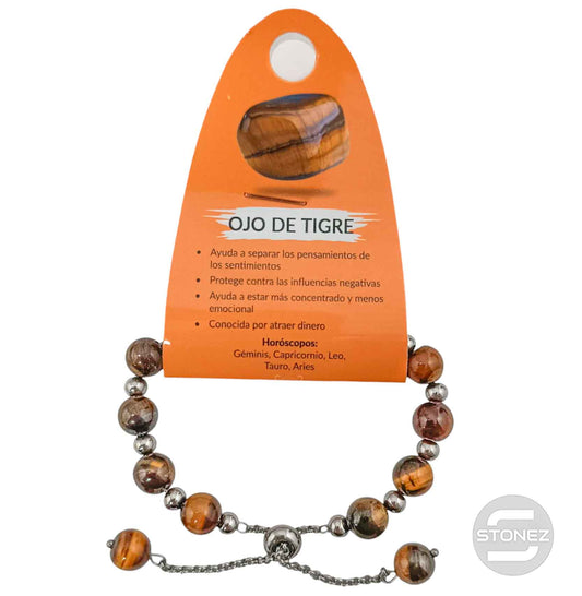 600103361 Pulsera Ajustable Piedra Natural 8 mm Ojo De Tigre Y Bolas De Acero 4 mm