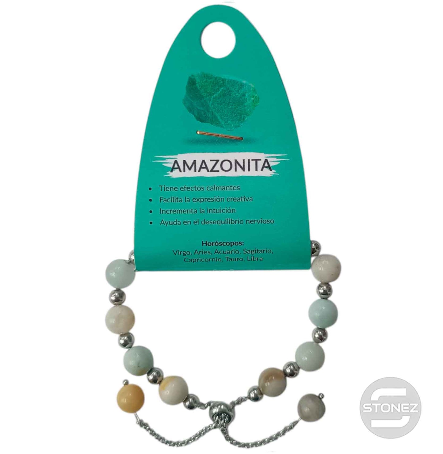 600103367 Pulsera Ajustable Piedra Natural 8 mm Amazonita Y Bolas De Acero 4 mm