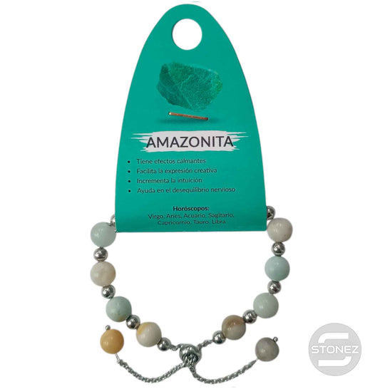 600103367 Pulsera Ajustable Piedra Natural 8 mm Amazonita Y Bolas De Acero 4 mm