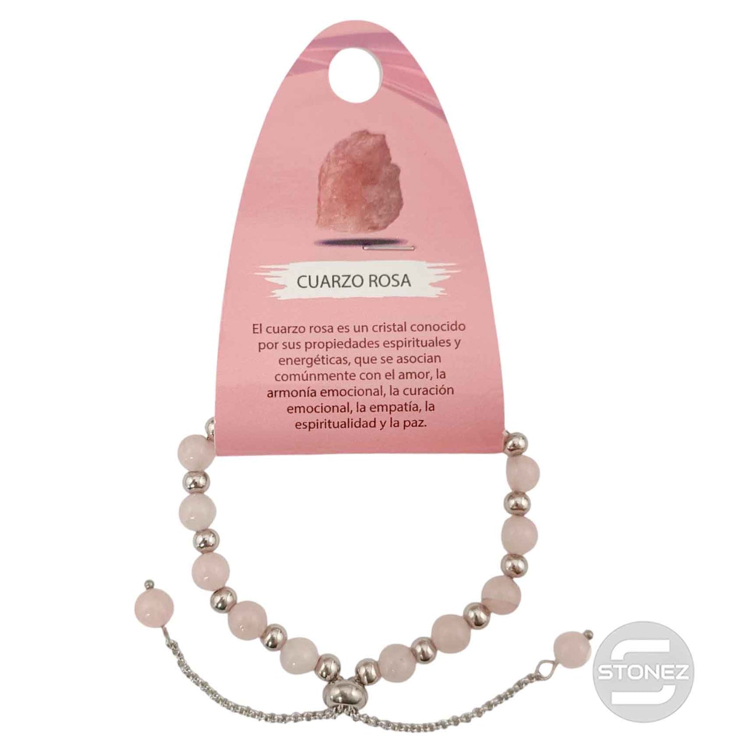 600103368 Pulsera Ajustable Piedra Natural 6 mm Cuarzo Rosa Y Bolas De Acero 4 mm