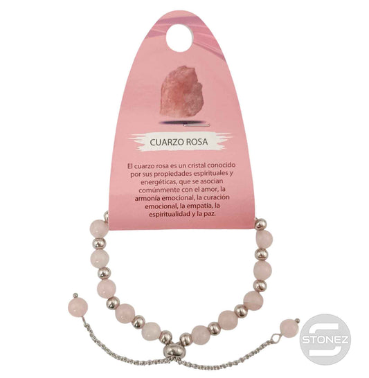 600103368 Pulsera Ajustable Piedra Natural 6 mm Cuarzo Rosa Y Bolas De Acero 4 mm
