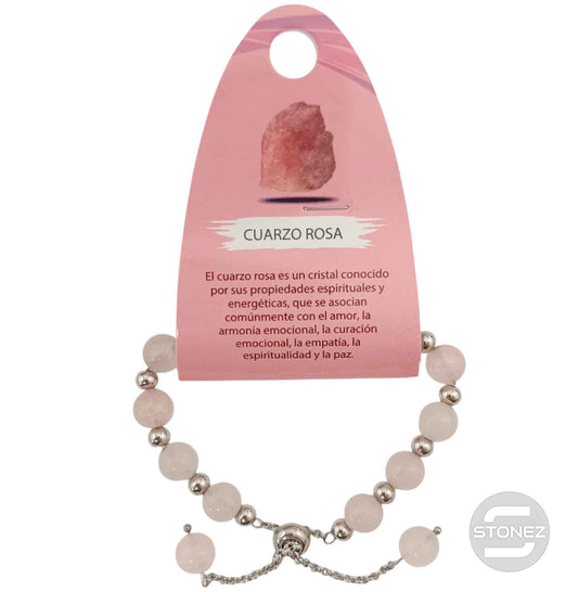 600103369 Pulsera Ajustable Piedra Natural 8 mm Cuarzo Rosa Y Bolas De Acero 4 mm