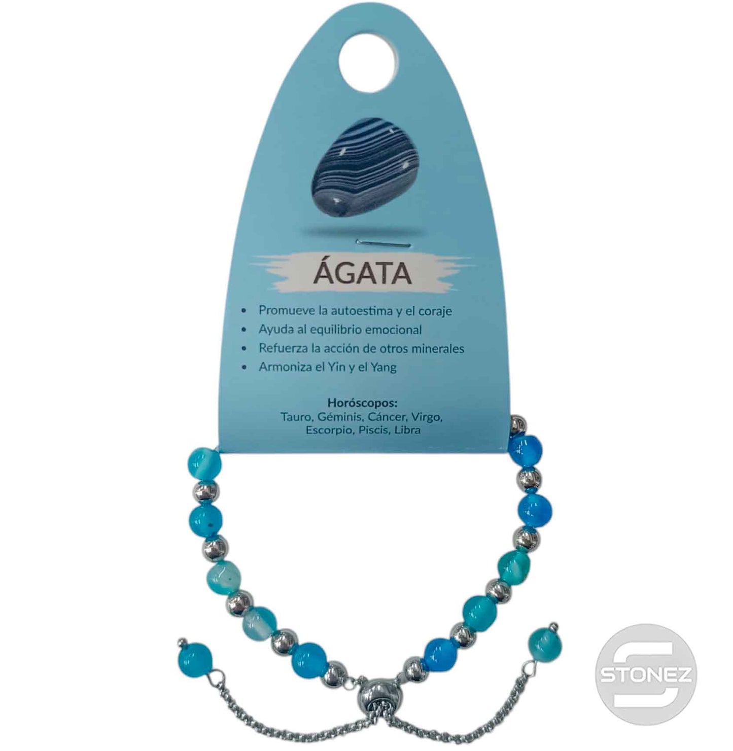 600103372 Pulsera Ajustable Piedra Natural 6 mm Agata Azul Y Bolas De Acero 4 mm