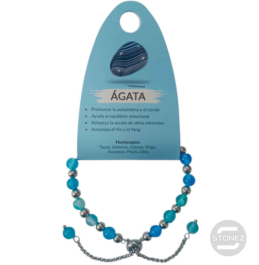 600103372 Pulsera Ajustable Piedra Natural 6 mm Agata Azul Y Bolas De Acero 4 mm
