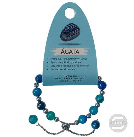 600103373 Pulsera Ajustable Piedra Natural 8 mm Agata Azul Y Bolas De Acero 4 mm