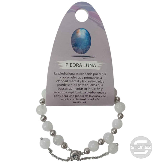 600103383 Pulsera Ajustable Piedra Natural 8 mm Piedra Luna Y Bolas De Acero 4 mm
