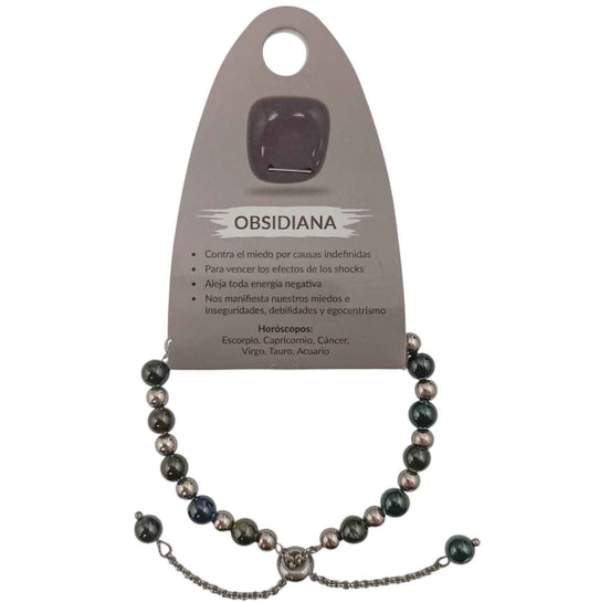 600103386 Pulsera Ajustable Piedra Natural 6 mm Obsidiana Y Bolas De Acero 4 mm
