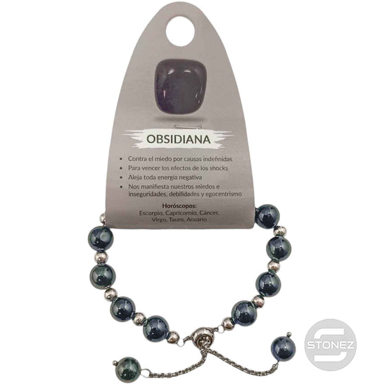 600103387 Pulsera Ajustable Piedra Natural 8 mm Obsidiana Y Bolas De Acero 4 mm