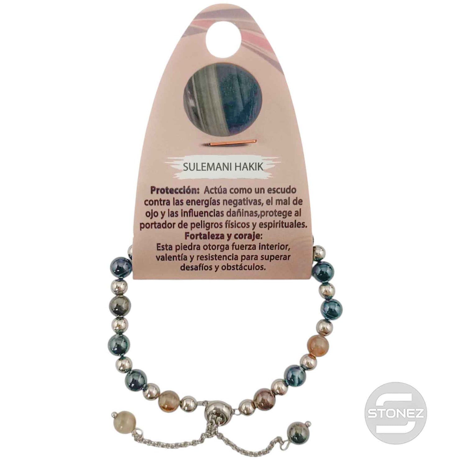 600103392 Pulsera Ajustable Piedra Natural 6 mm Sulemani Hakik Y Bolas De Acero 4 mm