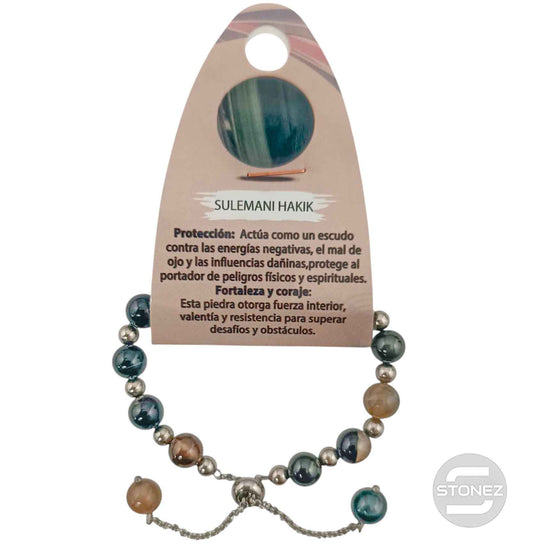 600103393 Pulsera Ajustable Piedra Natural 8 mm Sulemani Hakik Y Bolas De Acero 4 mm