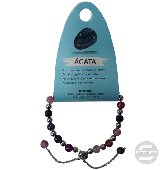 600103394 Pulsera Ajustable Piedra Natural 6 mm Agata Morado Y Bolas De Acero 4 mm